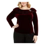 ALEX EVENINGS Womens Burgundy Embellished Velvet Long Sleeve Jewel Neck Evening Top Plus 3X