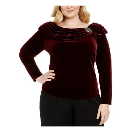 ALEX EVENINGS Womens Burgundy Embellished Velvet Long Sleeve Jewel Neck Evening Top Plus 3X