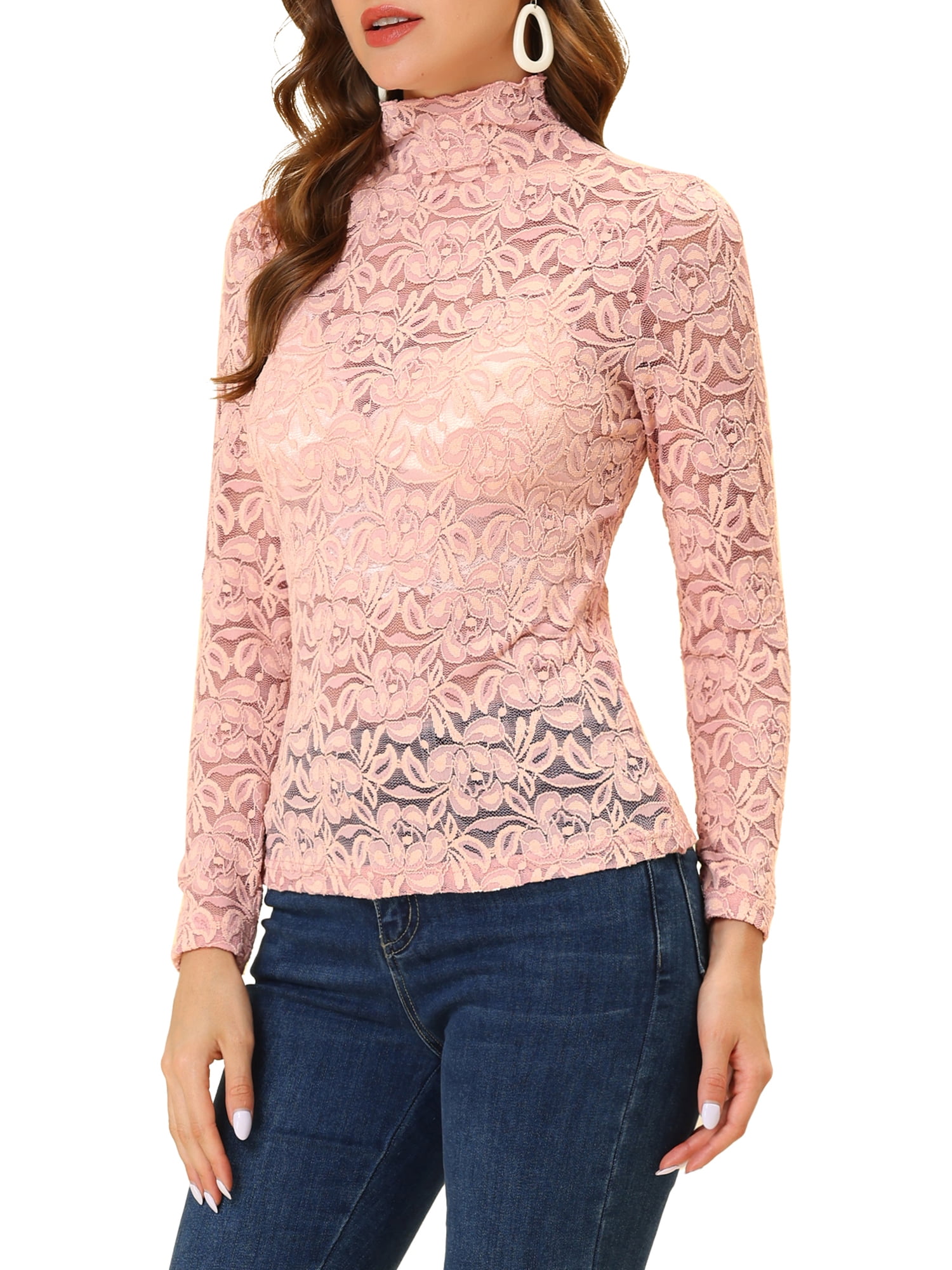 DARING DIVA Women's Long Sleeve Mock Neck Floral Lace Blouse Top XL Pink