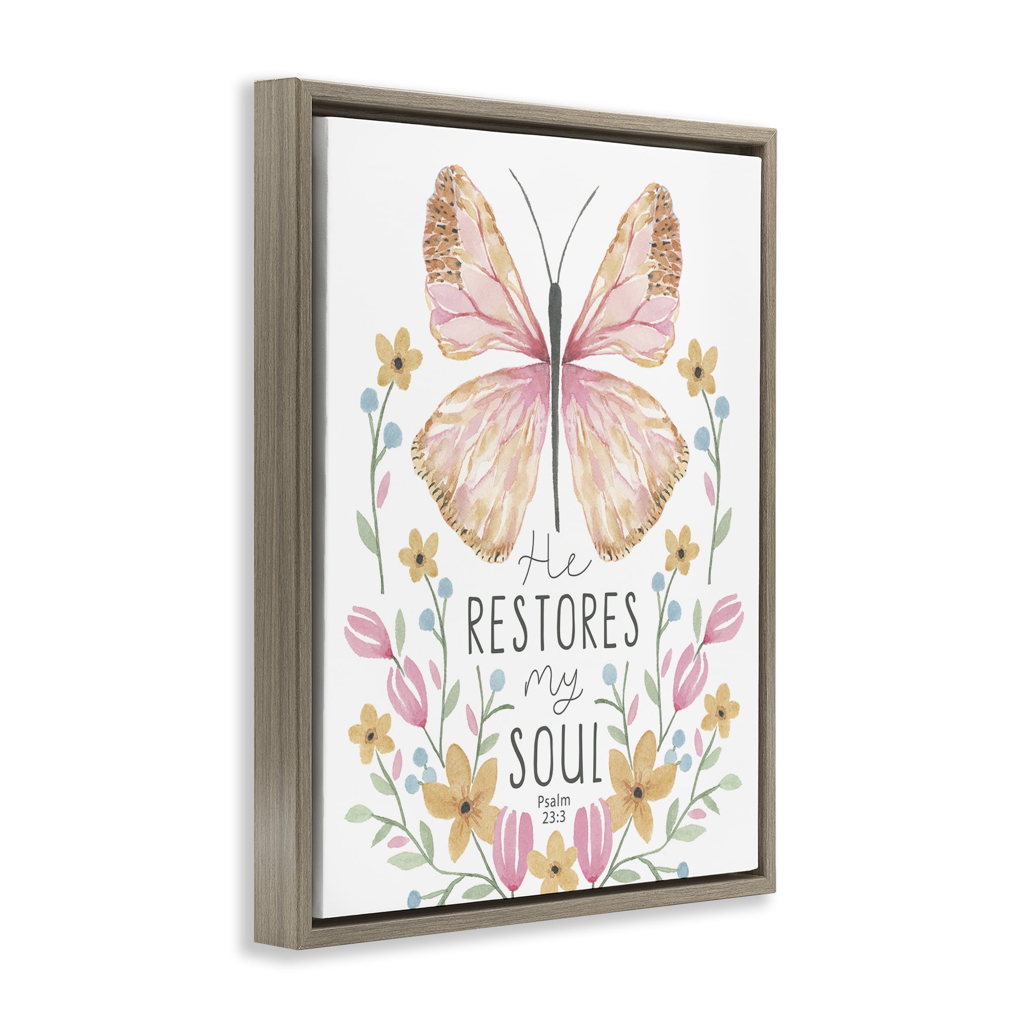 Stupell Industries Floral Restores My Soul Religious Painting Brown Floater Framed Art Print Wall Art, 25 x 31