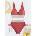 thumbnail image 3 of Women Tummy Control Swimsuits Color Block Two Piece Drawstring Bathing Suit Brick Red S, 3 of 7