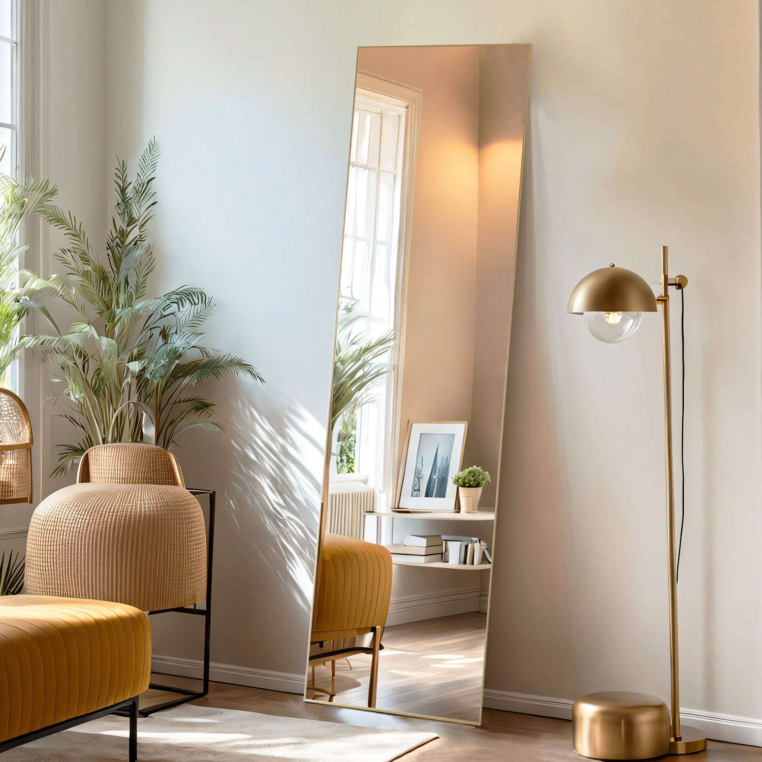 59"x16" Full Length Mirror Standing Rectangle Floor Mirrors Body Dressing Wall-Mounted Mirror, Gold