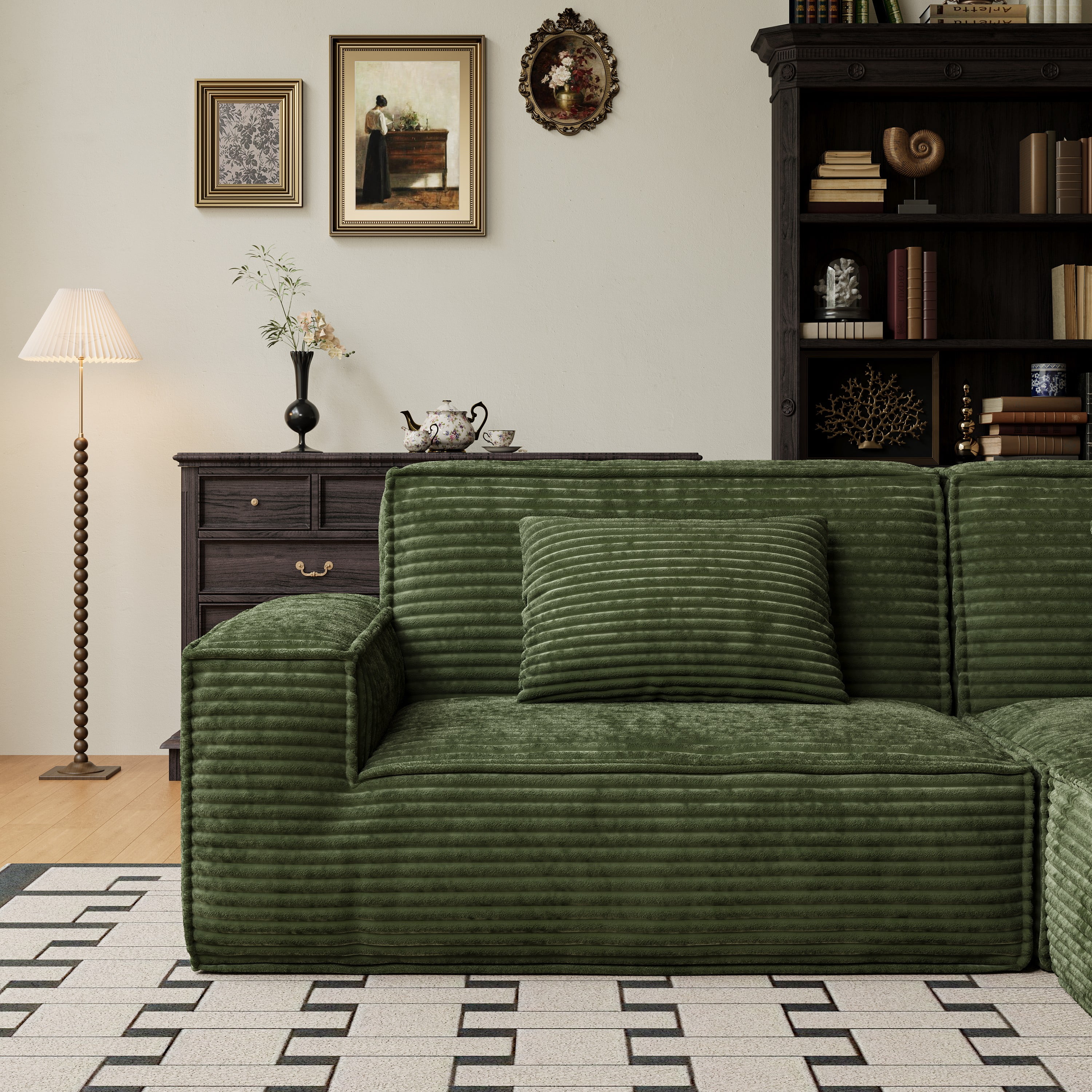 BSHTI No-Assembly Plush Compression Sofa Set, Ultra-Wide with Deeper Seat & Raised Back, Multi-Functional Large Striped Fabric Sofa for Living Room & Apartments, Green