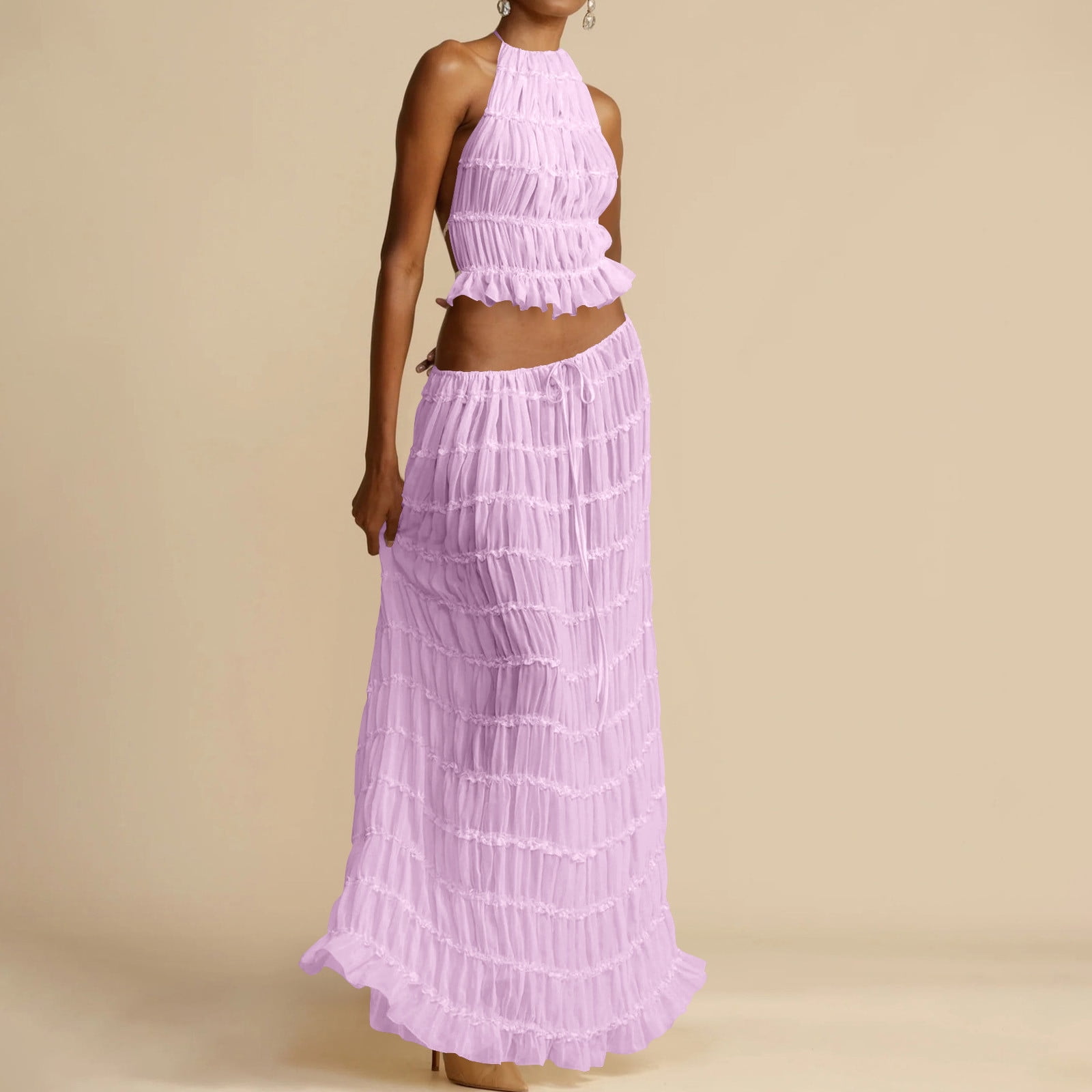 Womens Y2k Skirt Set Backless Lace Halter Crop Top and Long Skirt Sets Beach Cocktail Club Dress Fashion Outfit