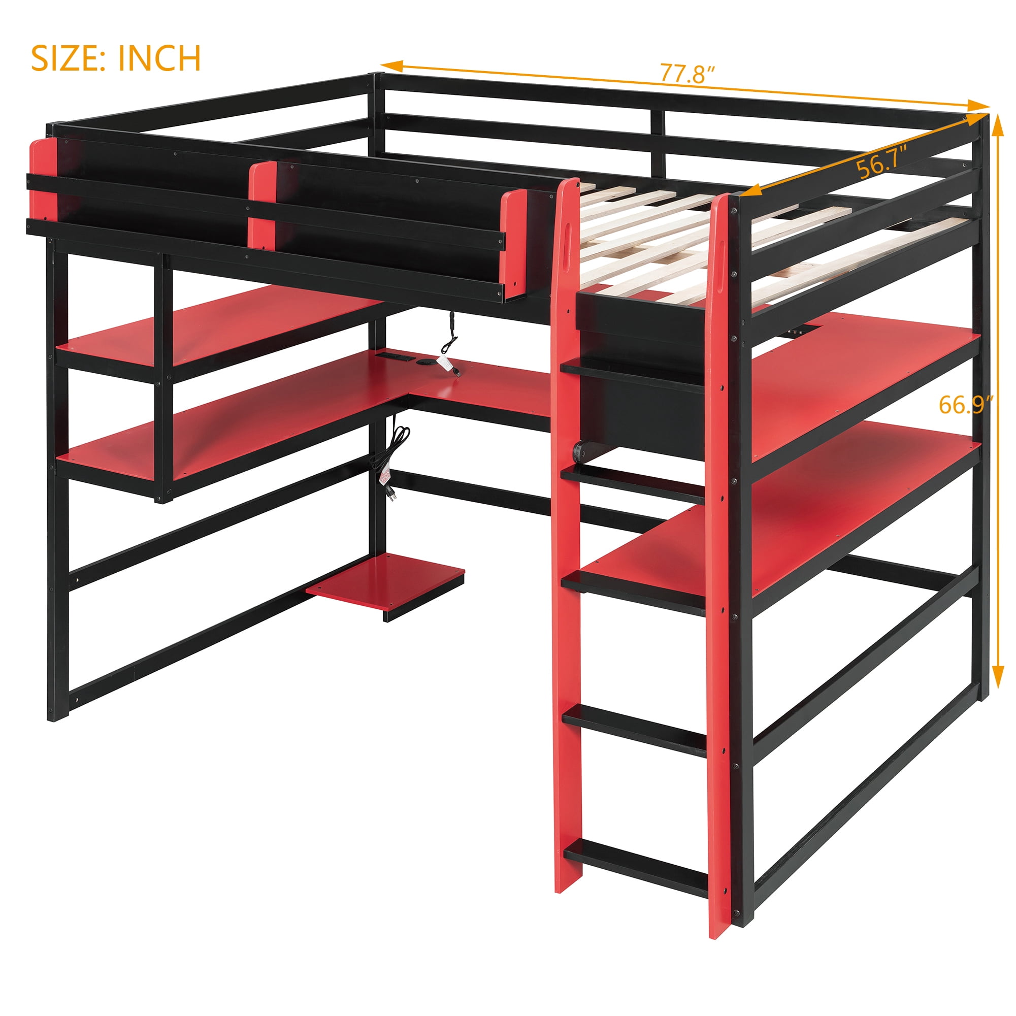 Mintazer Full Size Gaming Loft Bed with U-Shaped Desk & LED Lights, Modern Bed Frame with Shelves & Charging Station for Dorm Bedroom Apartment, Black & Red
