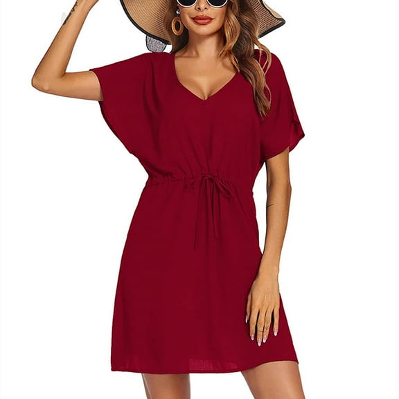 Womens Summer Dress Womens Casual Loose Fitting Summer Color Dress Beach Sun Skirt V-Neck Short Sleeved Dress Casual Summer Dress for Women