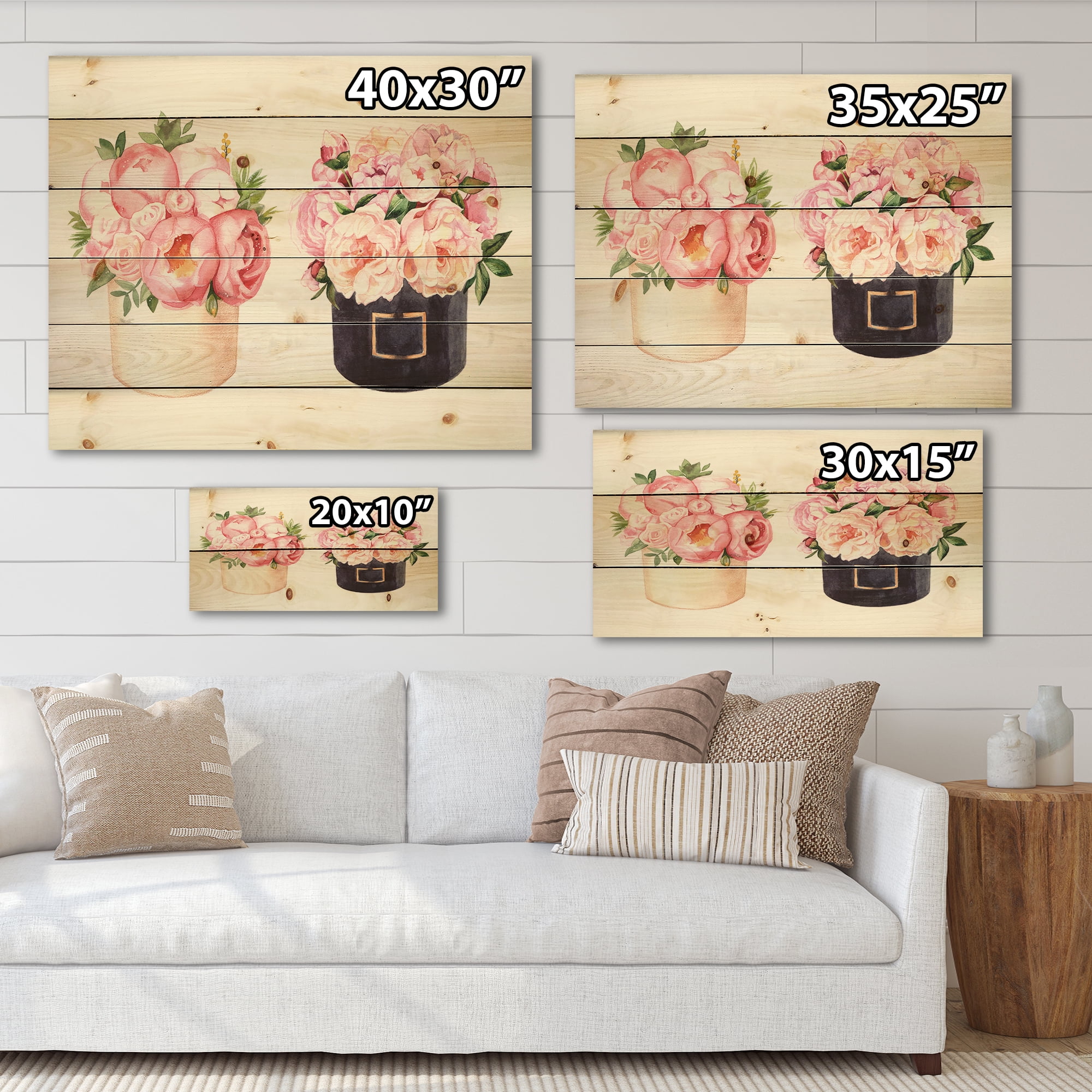 Designart 'Peonies and Rose With Flower Box' Farmhouse Print on Natural Pine Wood