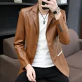 thumbnail image 4 of Abrigo de cuero para hombre, blazer de un solo pecho, chaqueta de traje para hombre, corte entallado, de alta calidad, nuevo en ropa de moda de estilo coreano, 4 of 5