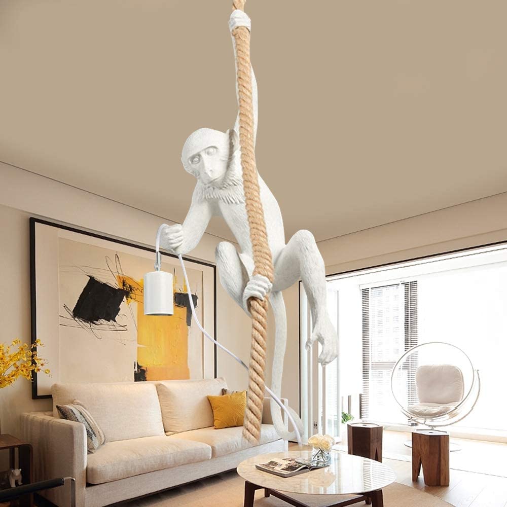 Fichiouy Chandelier Vintage Hemp Rope Monkey Pendant Light Fixture Chandelier for Dining Bar E27 White
