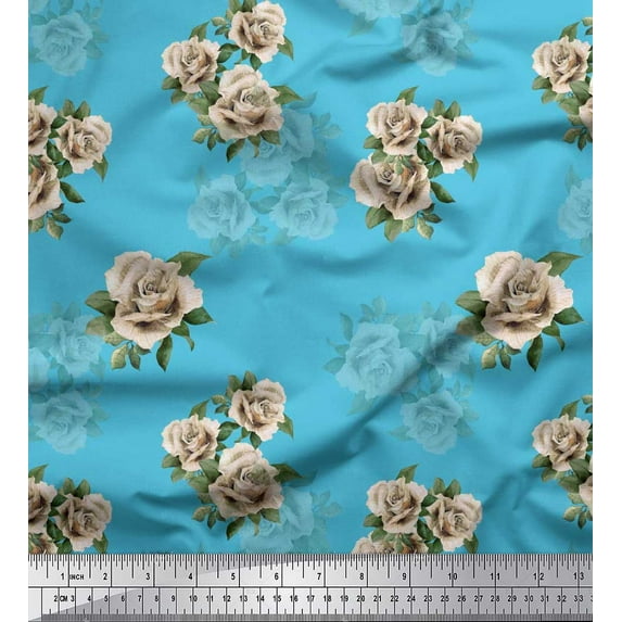 Soimoi Crepe Silk Fabric Leaves & Alba Rose Floral Print Fabric by The Yard 42 Inch Wide