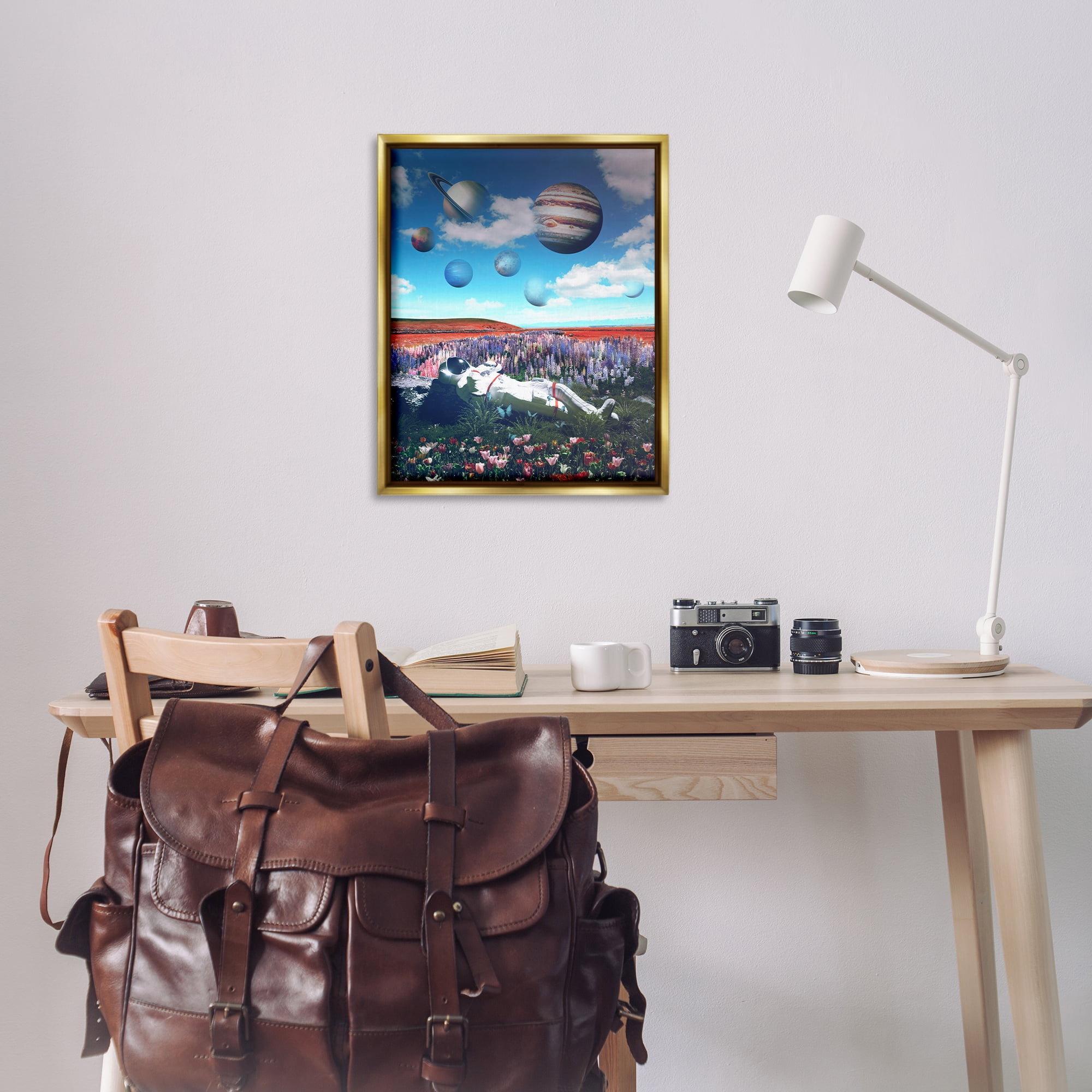 Stupell Industries Astronaut & Overhead Planets Astrology & Stars Painting Gold Floater Framed Canvas Art Print Wall Art, 25 x 31