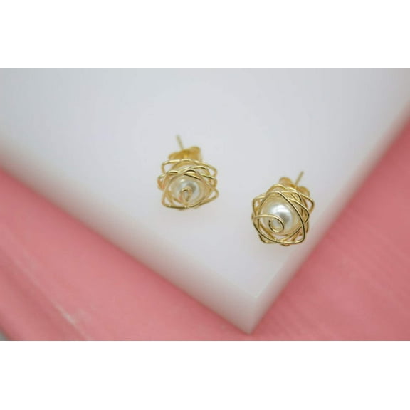 18K Gold Filled Pearl Stud Earrings With Golden Wraps (L128)