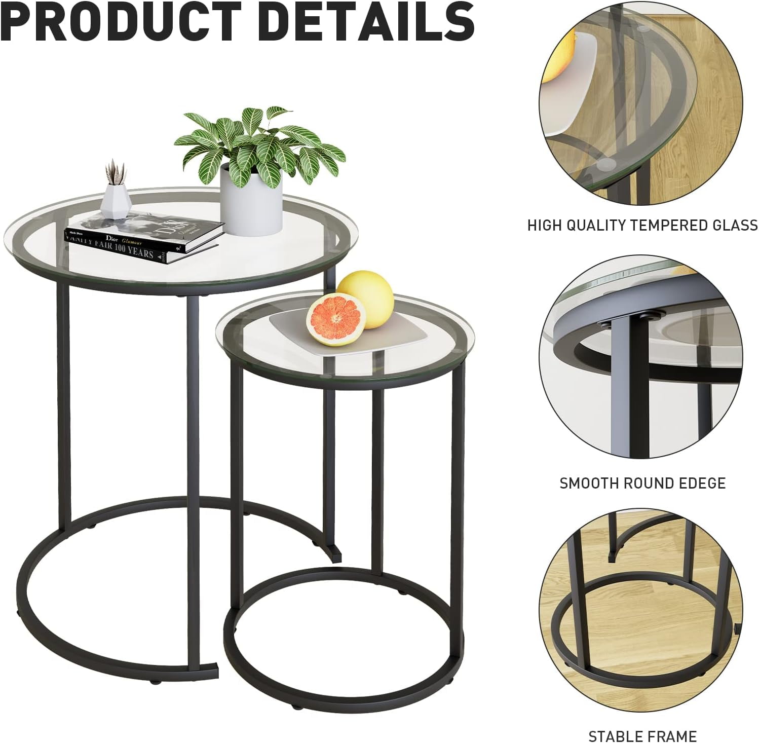 Nesting Coffee Table Set of 2,Modern Black Tempered Glass Side Table, Metal Frame Round End Table.Small Glass Tea Table for Living Room,Bedroom Studio Apartment Essentials,23.2In