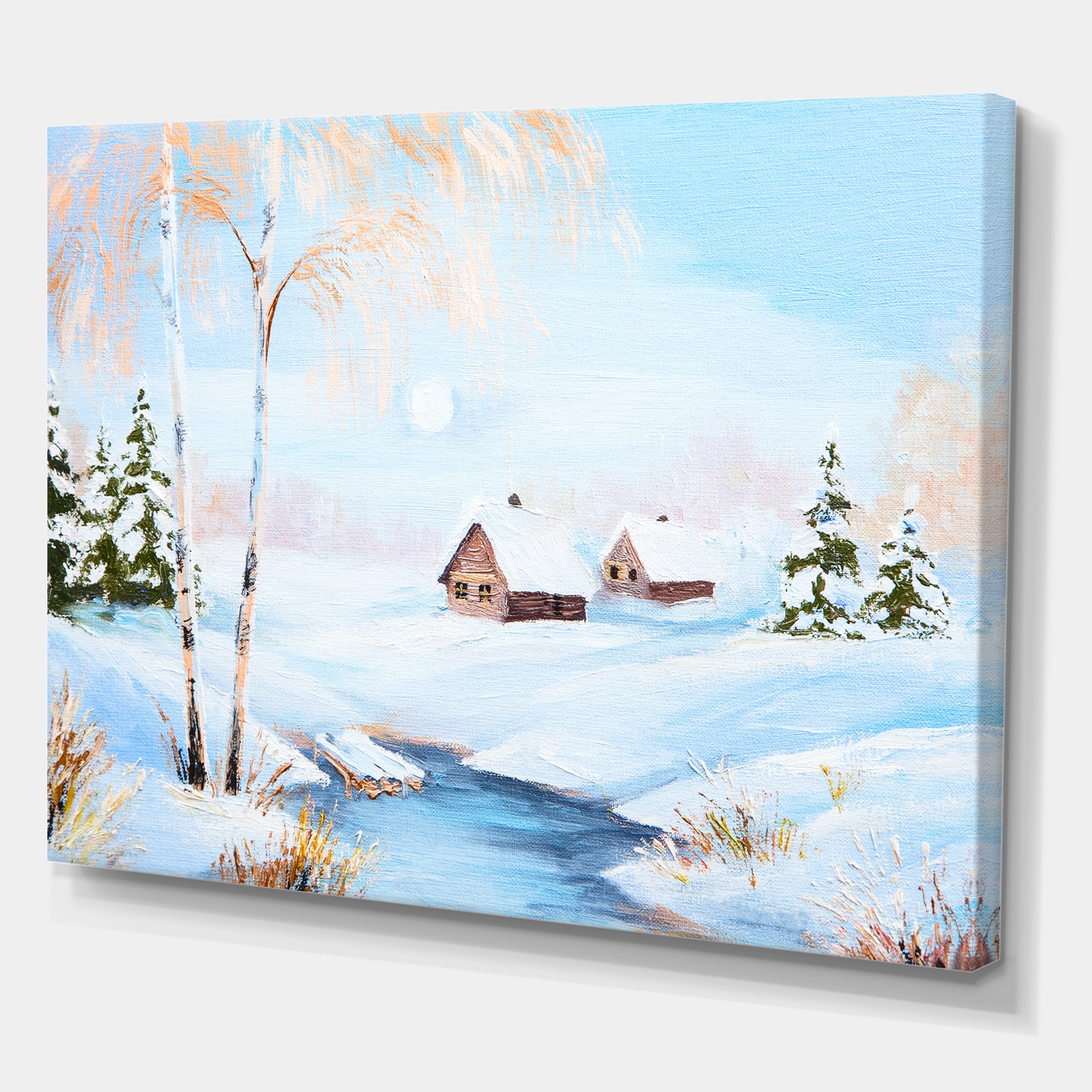 Designart ' Frozen River In The Forest Winter Landscape ' Lake House Canvas Wall Art Print