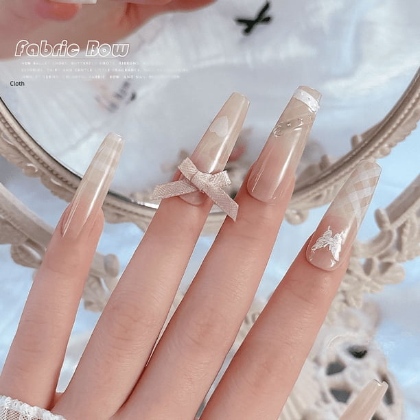 Lazo de cinta de ballet, joyería para uñas, nueva decoración de uñas de tela rosa nude, accesorios grandes de diamantes