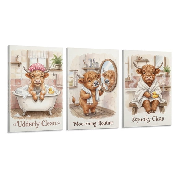 Funny Highland Cow Bathroom Decor Canvas Wall Art Set of 3 - Cute Morning Routine Animal Pictures, Rustic Farmhouse Wall Decor for Restroom, Ready to Hang,8×12inch