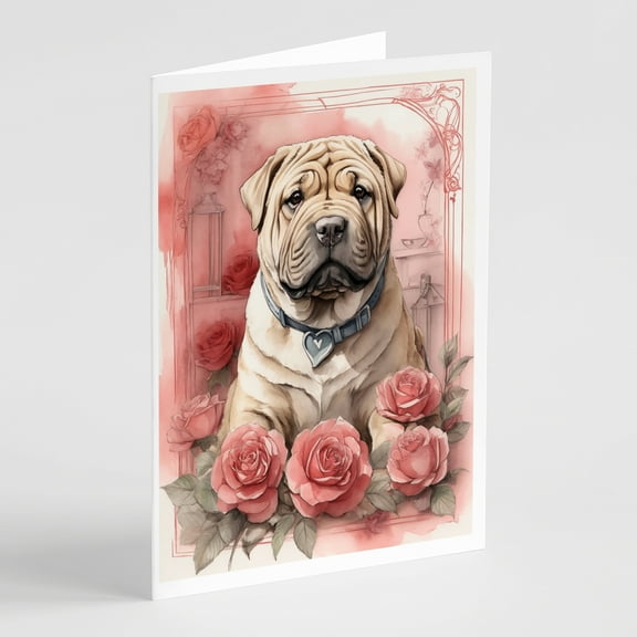 Shar Pei Valentine Roses Greeting Cards Pack of 8 7 in x 5 in