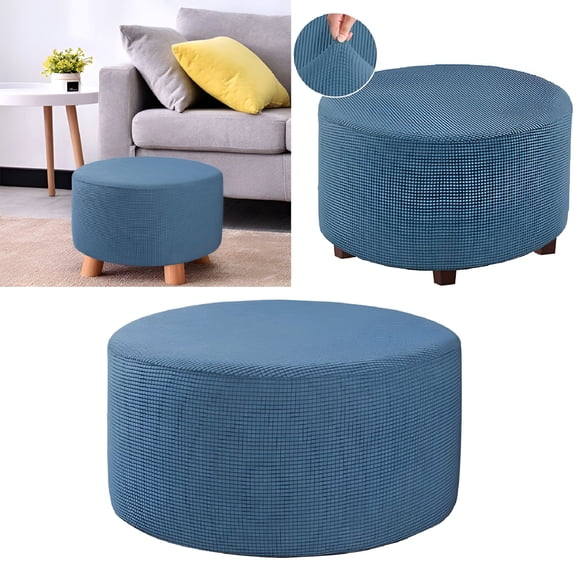 LAMIRO Small Round Ottoman Slipcover Footstool Footrest Cover Removable Living Room - Blue,48-55cm