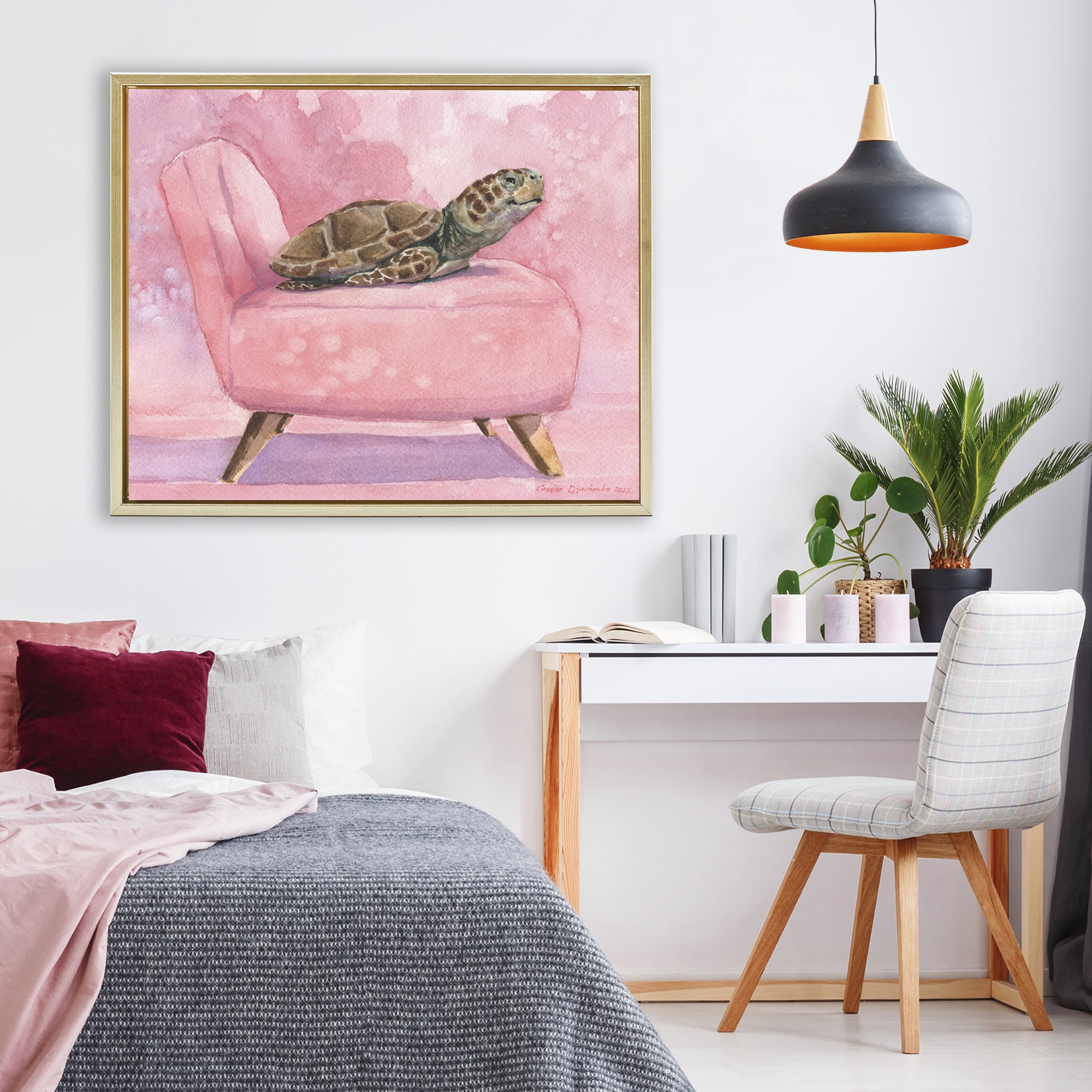 Stupell Industries Happy Turtle on Pink Chair Gold Framed Floater Canvas Wall Art, design by George Dyachenko