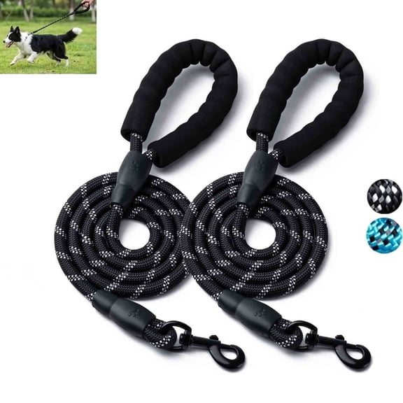 Huzeijin 2-Pack 5ft Rope Dog Leash with Locking Carabiner, Reflective Heavy Duty Dog Lead with Soft Padded Handle for Walking and Training, Black
