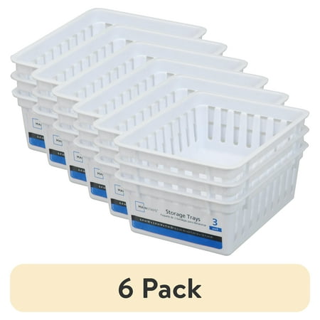 (6 pack) Mainstays 3-Pack Square Mini Plastic Storage Tray Organizers, Stackable Drawer Organizer Bins for Kitchen, Desk, Bathroom and Vanity Organization, White