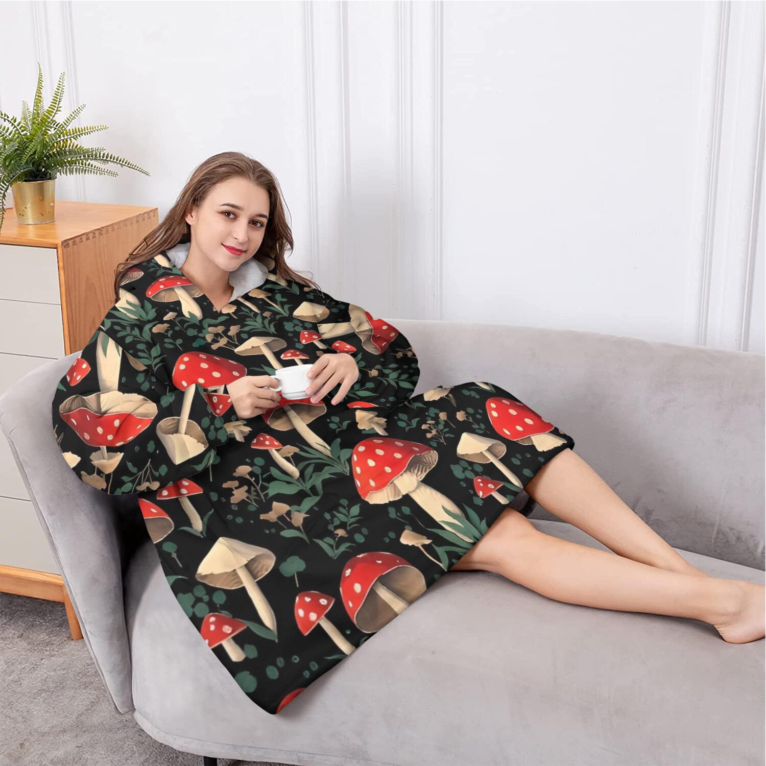 Oversized Wearable Blanket Hoodie,Red Mushroom Leaf Black Pattern Sherpa Blanket Hoodie with Super Pockets,Super Warm Fuzzy Pullover for Women & Men