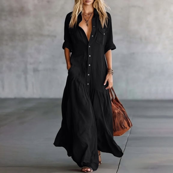 HBYJLZYG Women's Summer Maxi Shirt Dress, Button Front V-Neck with Flap Pockets, Rolled 3/4 Sleeve and Tiered Skirt, Loose Flowy Casual Vacation Beachwear for Everyday Resort Style