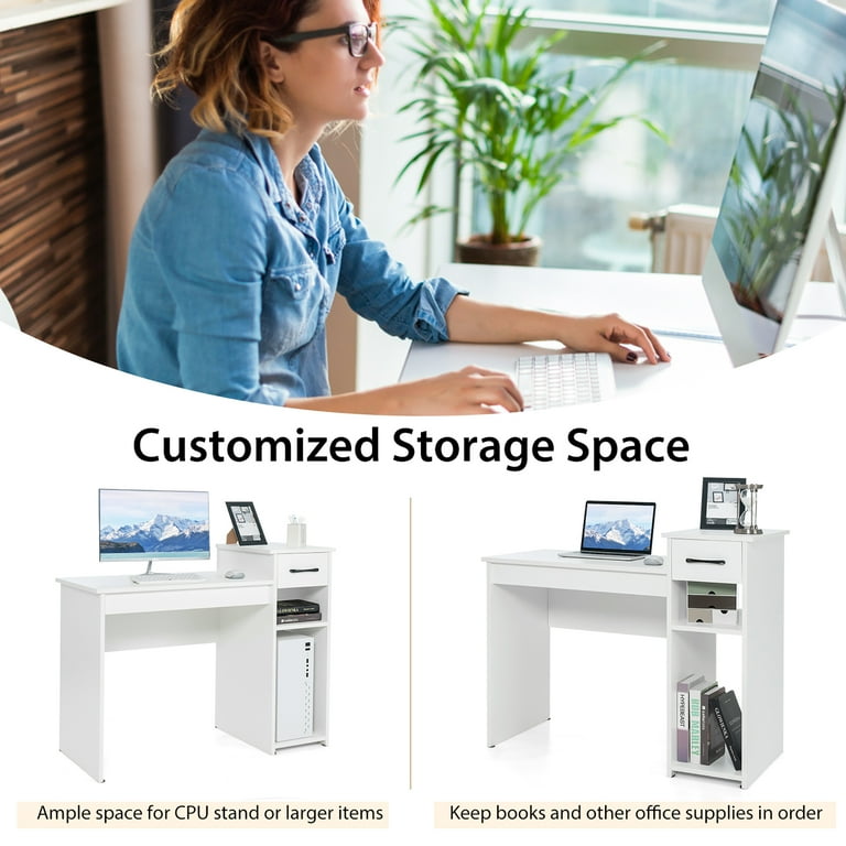 Costway White Wood Computer Desk, Laptop Table with Drawer and