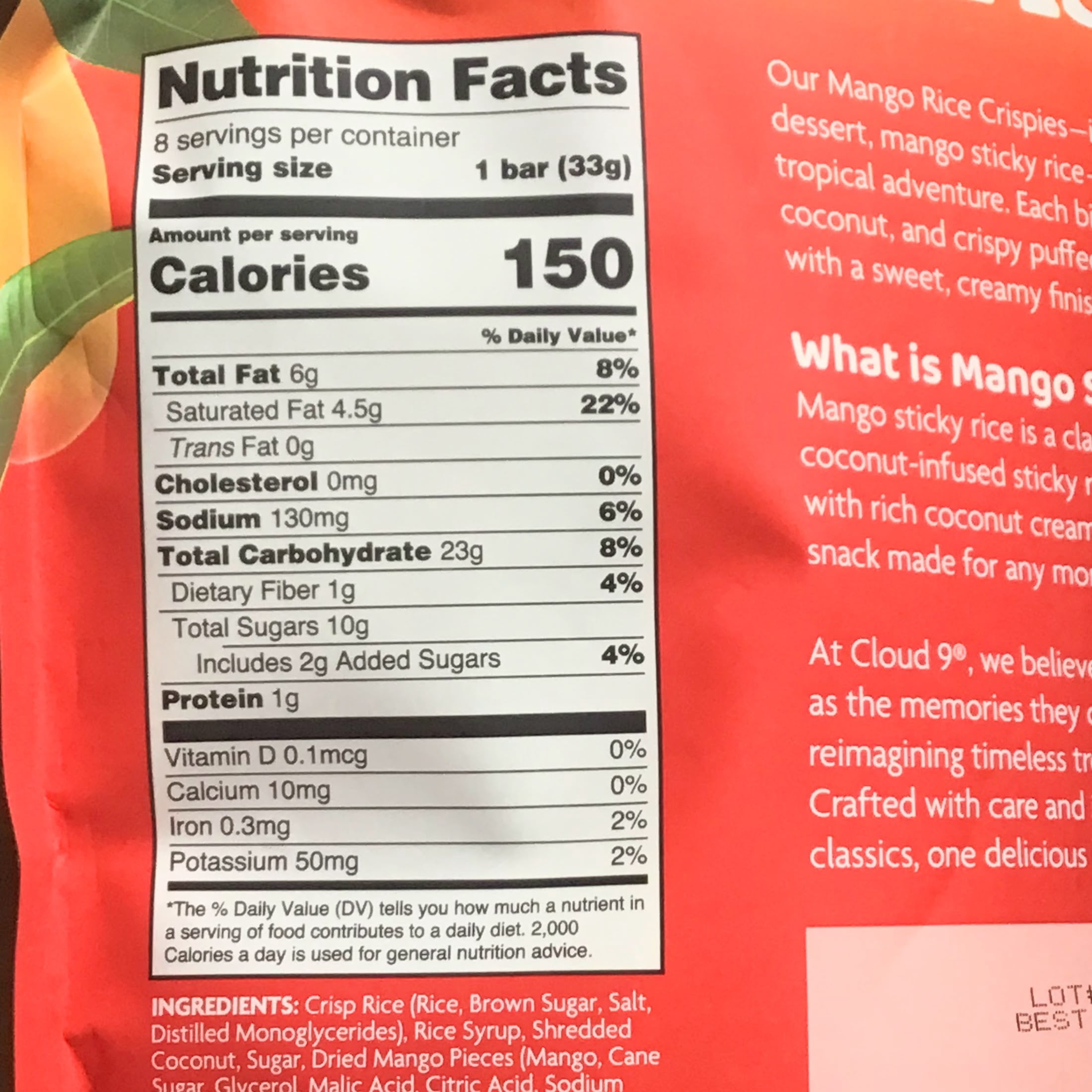 CLOUD 9 MANGO RICE CRISPIES WITH CREAMY COCONUT SHAVINGS MULTI PACK 8 INDIVIDUAL SERVINGS 9.2 OZ