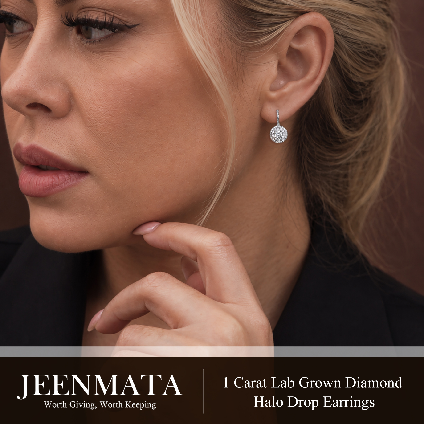 JeenMata 1 Carat Lab Grown Diamond Halo Drop Earrings photo 4