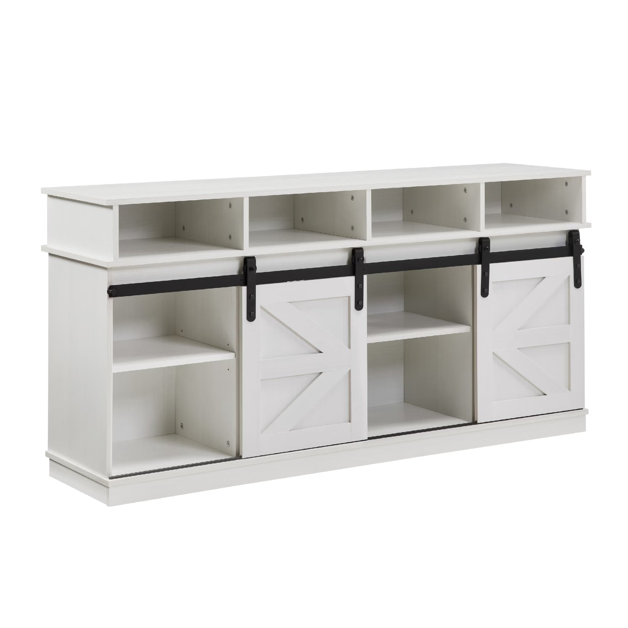 AENKYO 58" Farmhouse TV Stand with Sliding Barn Doors, Adjustable Shelves for TVs up to 65", White