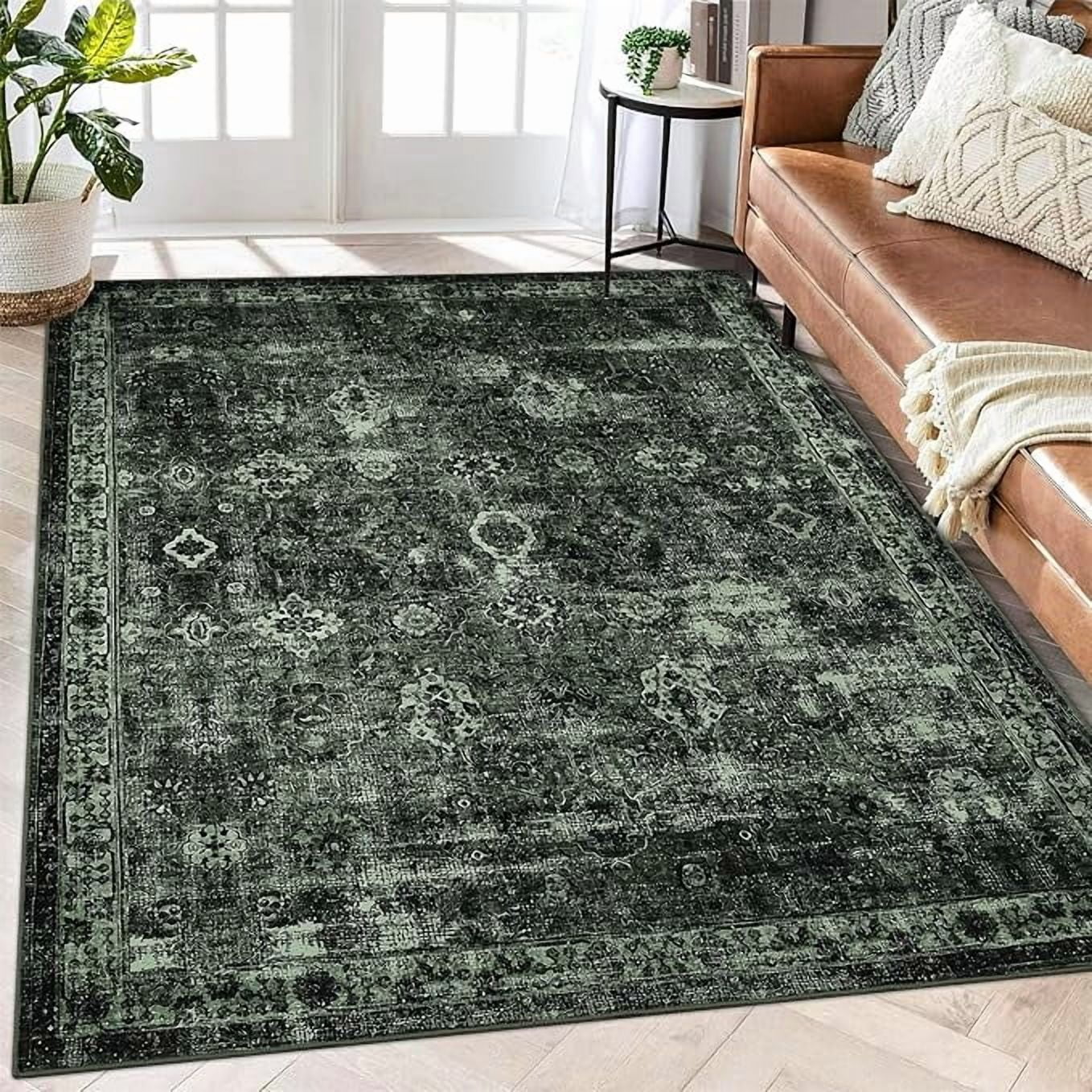 Vintage Floral 10x13 Rugs Reddish Brown Washable Area Rug for Bedroom Living Room Non Slip Boho Rug Thin Printed Faux Wool Soft Floor Carpet for Dining Room Nursery Playroom Indoor Office