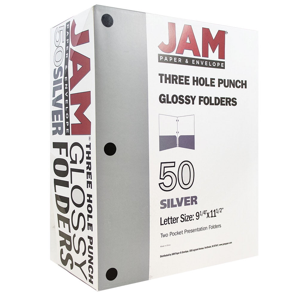 JAM Paper Glossy 3 Hole Punch Folders, Silver, 50/Pack