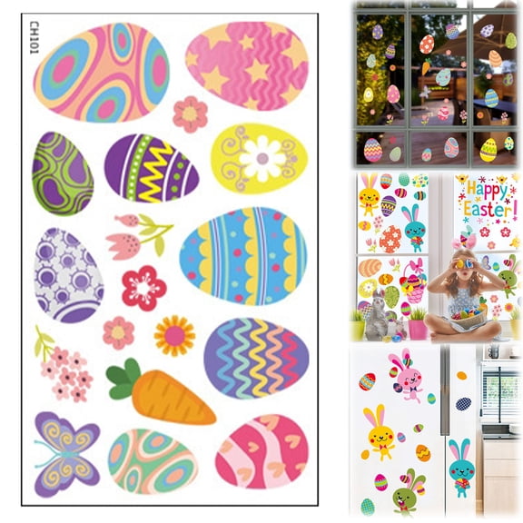 1PC Easter Window Clings Large Easter Eggs Window Decals Painted Eggs Bunny Flowers Window Stickers for Home Office School Decor Spring Glass Window Decoration