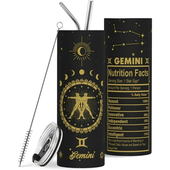 Gemini Constellation Tumbler with Lid and Straw - 20 oz Zodiac Stainless Steel Tumbler for Astrology Fans, Men and Women - Birthday Gift, Coffee Sublimation Mug, Car Cup