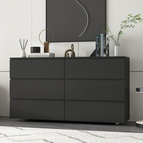 KULAGAGA Chest of Drawers Dresser No Handles, 6 Drawer Dresser with Wide Storage, Modern Contemporary 6-Drawer Chest, for Bedroom Black