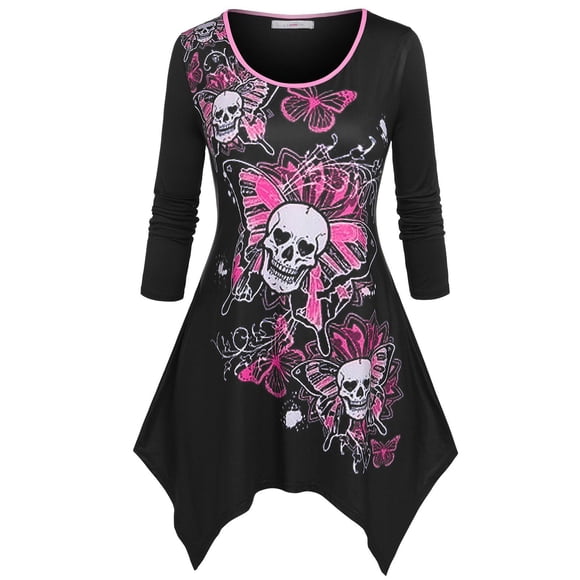 Talla grande Skull Butterfly Imprimir Camiseta de Halloween Rosegal Mangas largas de talla grande