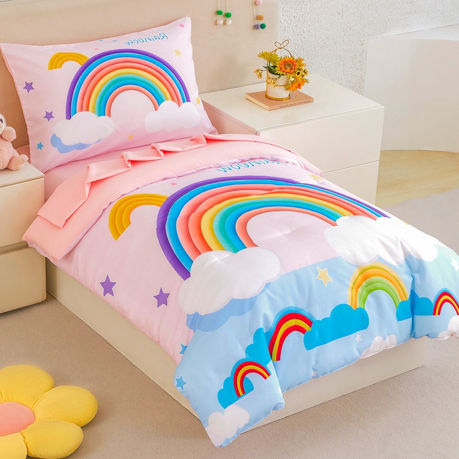 ZRNBAST 4 Piece Toddler Bedding Set for Girls, Cartoon Stars Rainbow Comforter Set, Includes Comforter, Flat Sheet, Fitted Sheet and Pillowcase, Pink