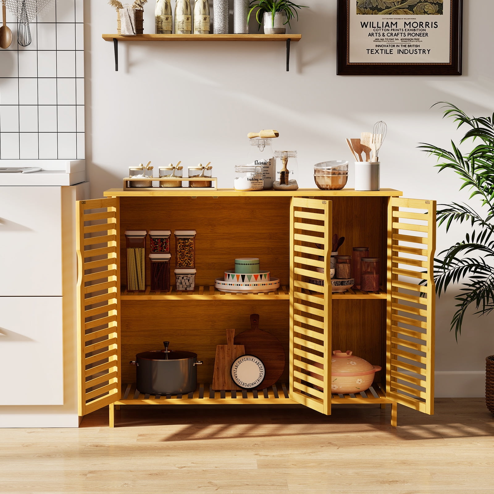 Gymax Bamboo Bathroom Cabinet 3-Door Storage Organizer w/ Shelves Natural