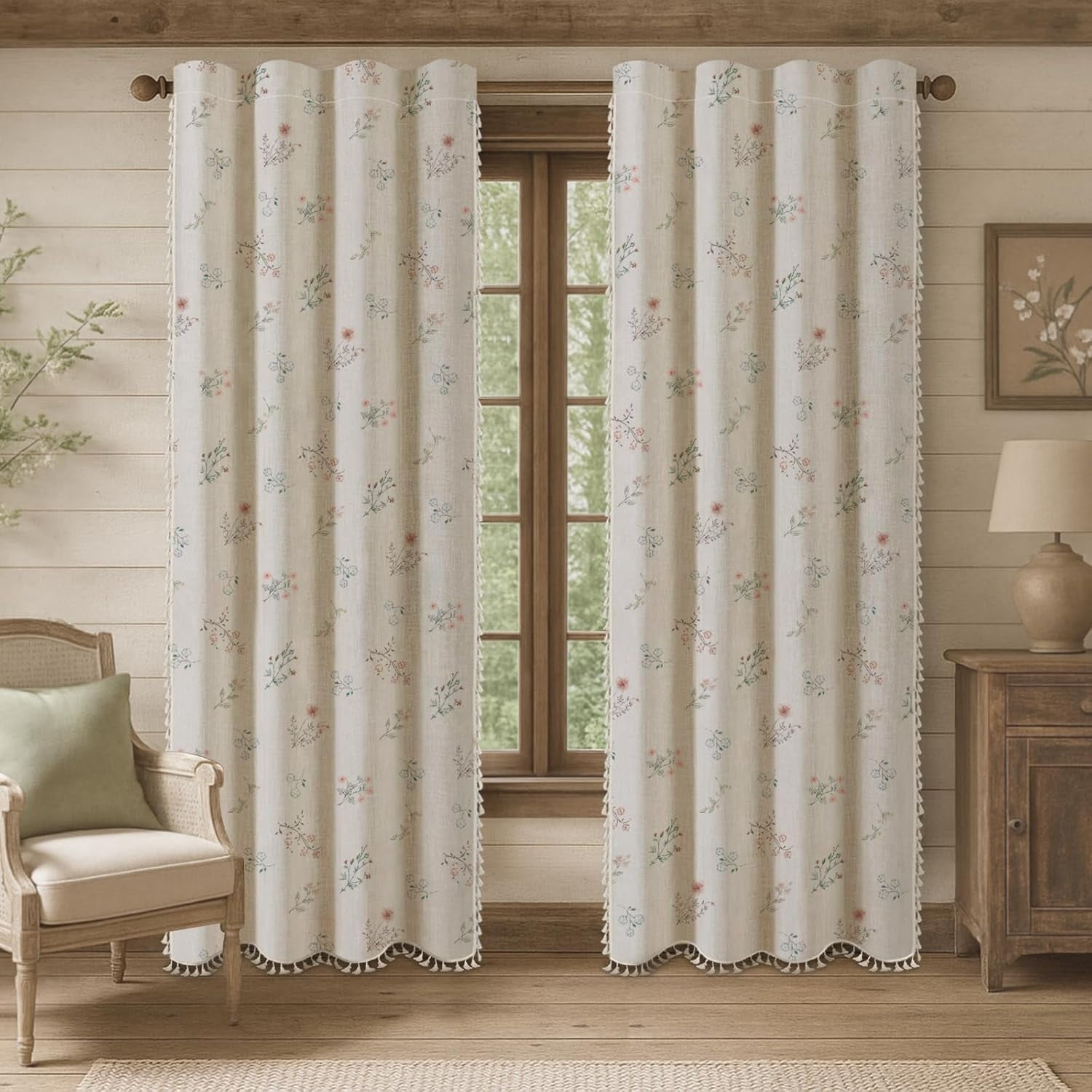 Boho Floral 100% Blackout Curtains 84 Inch Length 1 Panel, Linen Texture Farmhouse Curtains Beige Tassel for Living Room Bedroom Vintage Rustic Patterned Printed Western Rod Pocket