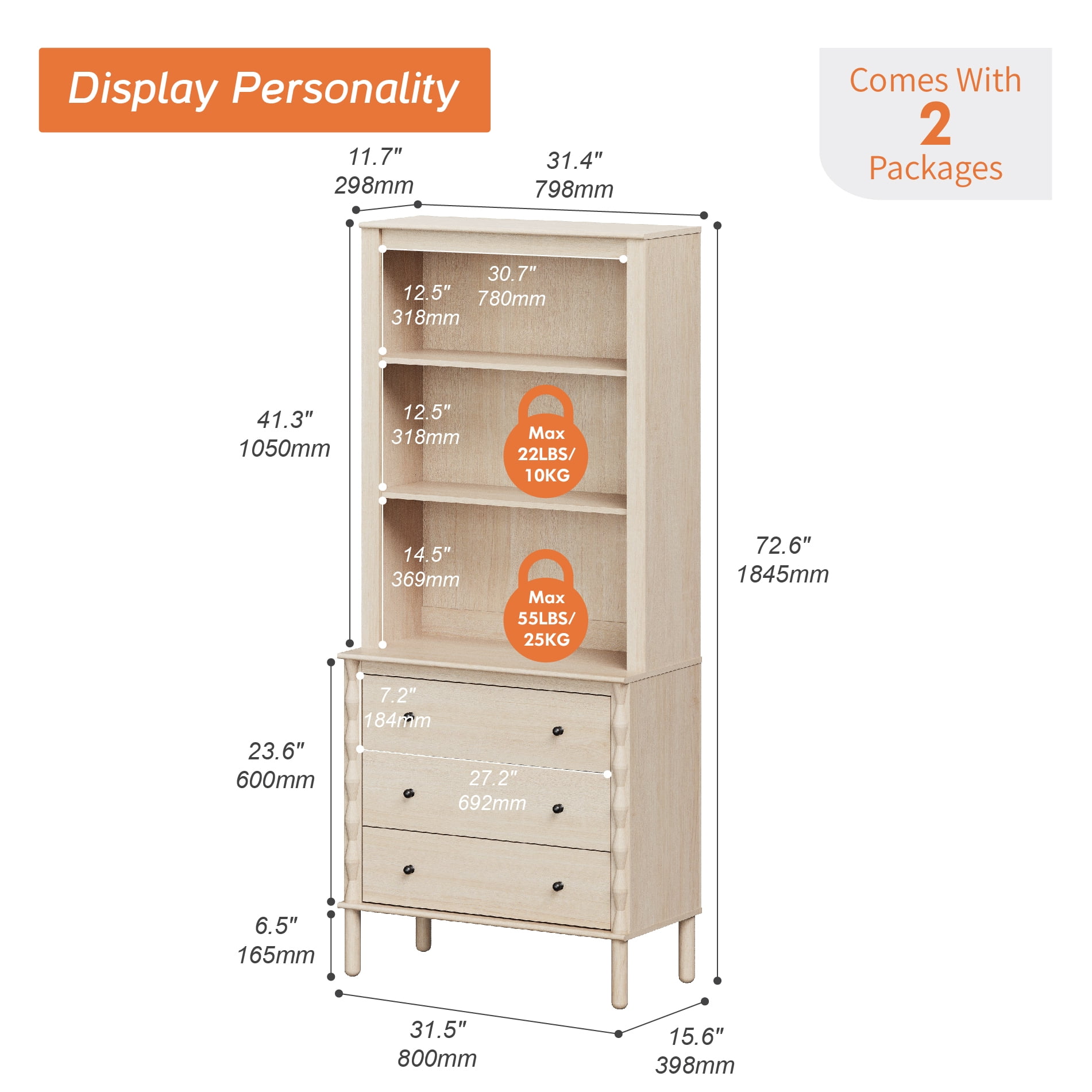 72" Tall Adjustable Bookshelf with 3 Drawers and Open Book Shelves,Natural