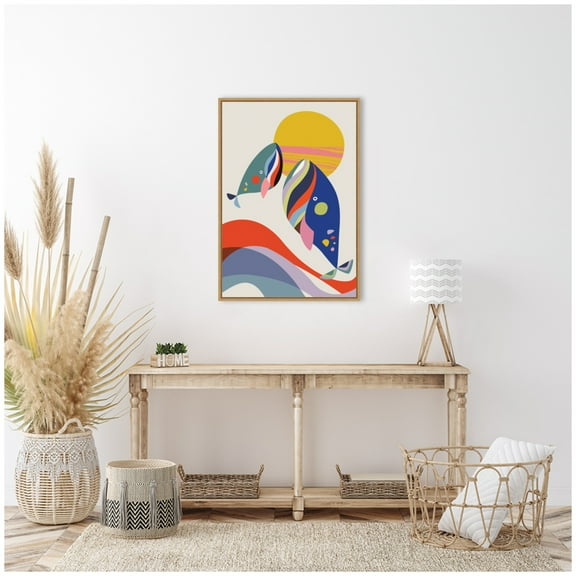 Kate and Laurel Retro Coastal Mom and Baby Whales Framed Canvas Wall Art by Rachel Lee 23 x 33 Sylvie Natural, Whimsical, Abstract, Beach Art for Wall Decor, Living Room Bedroom