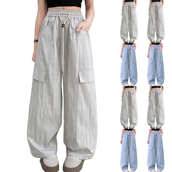 Girl's Cargo Pants Loose Baggy Jeans Drawstring Elastic Waist Streetwear Y2K Barrel Pants with Pockets (5-15 Years Old) Blue 14-15Years