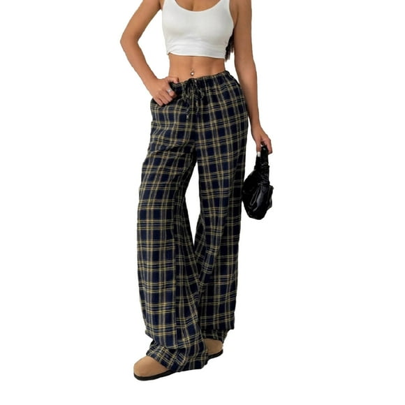 Ladies Pants Casual Wide Leg Pants Drawstring Elastic High Waisted Plaid Pants Pajama with Pockets Women's Linen Pants Light Yellow XXL