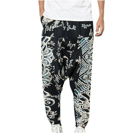 

Dadaria Wide Leg Boho Pants for Men Summer Mens Retro Printing Elastic Waist with Pockets Bloomers Loose Long Pants Black XXL Female