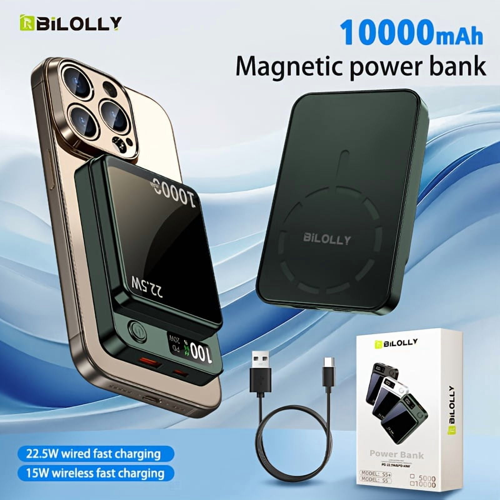Portable 10000/5000Mah Magnetic Wireless Charger 22.5W PD QC Fast Charging USB-C Power Bank for Android