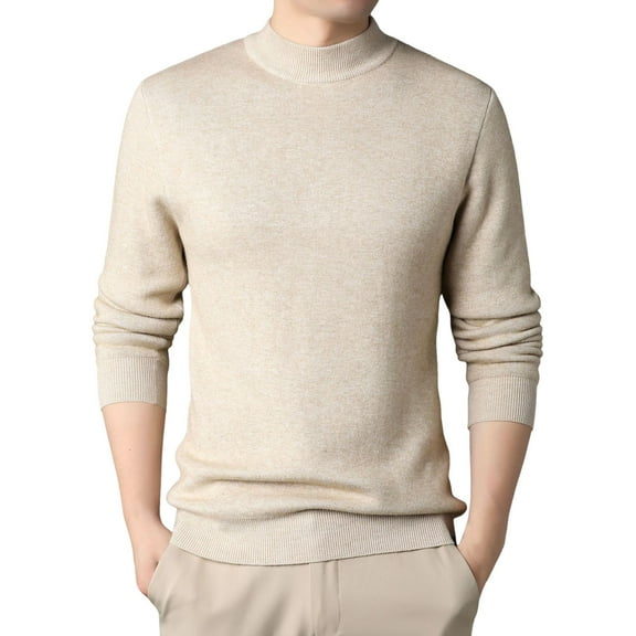 JTieacloth Mens Knitted Sweaters Male Turtleneck Sweater Slim Fit Velvet Sweater For Men Long Sleeve Pullover Sweater Stretch Casual Thermal Sweater(Beige)