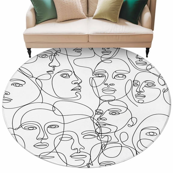 Round Rugs 8 Ft, Abstract Style Non Slip Area Rugs for Kitchen Bedroom Entryway, Face Line Modern Character Art White Washable Carpet Runner Rug Floor Mats for Bedroom Home Decor