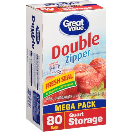 Great Value Double Zipper Food Storage Bags, Quart, Mega Pack, 80 Count
