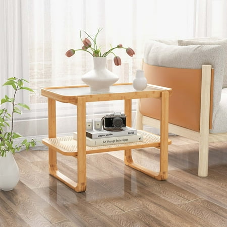 Costway 1 PC Bamboo Side Table with Rattan Shelf Glass Top Nightstand Small Sofa End Table - Natural